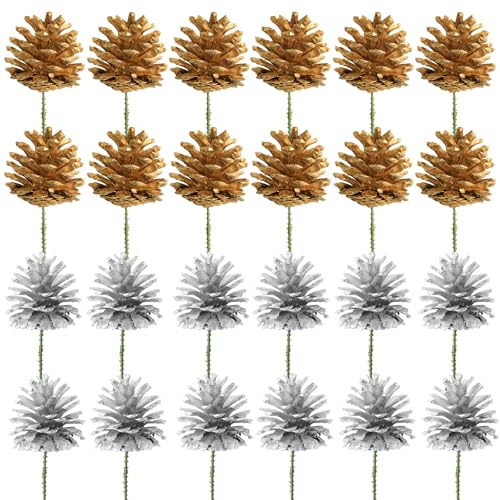Songjum 24PCS Natural Christmas Pine Cones Gold Silver Pine Cone with Green Picks for Xmas Tree Garland Wreath Ornaments Pinecones Decorating Winter Holidays Thanksgiving Fall Home Decor