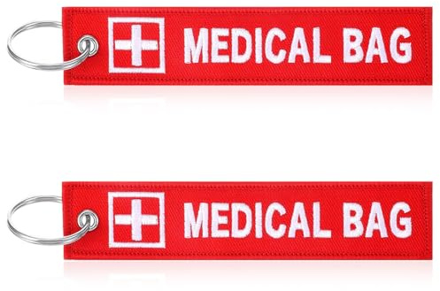 Mabor 2-Pack Medical Alert Bag Tags, Double-Sided Embroidered Medical Device Luggage Tag with Keychain for Backpack Purse (Red)