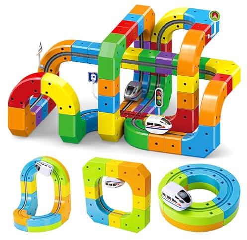 CelestiMingle 81 piezas Clickrail Juego de tirador eléctrico – 3D magnético cubo pista de carreras con tren motor, diseños de superación de gravedad, juguetes de construcción DIY para niños (B)