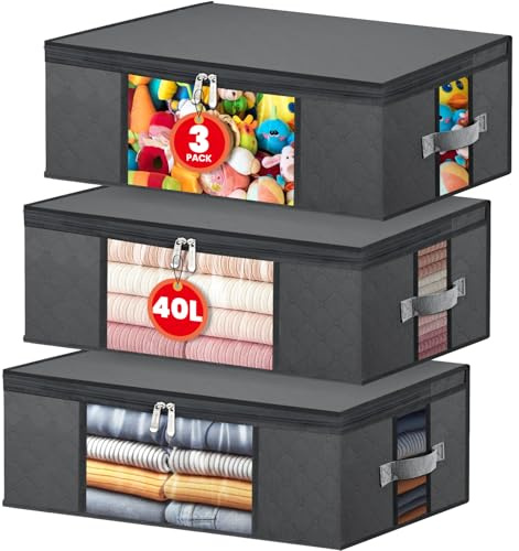 NEWSONA 3 Pezzi Contenitori Sottoletto 40L per Vestiti, Borse Salvaspazio Pieghevoli in Tessuto non Tessuto 120g con Doppia Finestra Trasparente Frontale e Laterale, Maniglie Rinforzate, Grigio