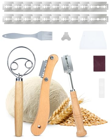 Kit Panadería 5 Piezas con Cuchilla para Pan, 2 Cuchillas Panadero Recta Curva con 20 Hojas de Repuesto, Batidor Danés, Rasqueta y Pincel, Accesorios para Masa Madre y Pan Artesanal, Acero Inoxidable