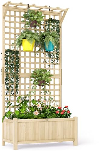 Outsunny Hochbeet Pflanzkasten mit Rankgitter, Spalier Pflanzkübel Blumenkasten Holz, Gartenspalier 90 x 45 x 183cm für Garten Balkon Terrasse, Blumenkübel für Kletterpflanzen Korbpflanzen, Blumen