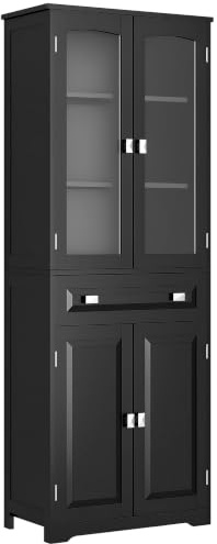 HOMCOM Armoire de Cuisine Buffet Haut 160 cm Noir | 4 Portes dont 2 Portes Vitrées, 1 Tiroir, Étagères Réglables