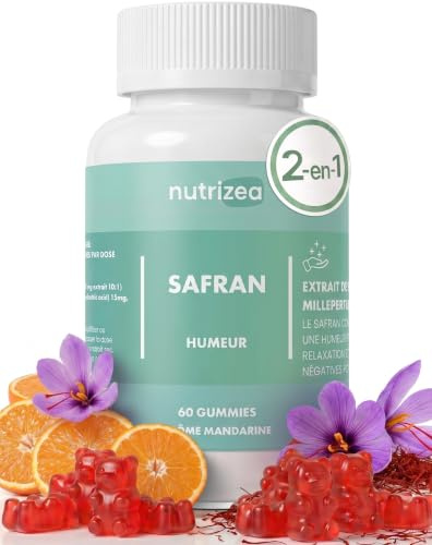 Nutrizea Gummies Safran Complex Haute Dose (40 mg) - Détente & Humeur - Avec Plantes Calmantes - Safran Rouge Qualité Premium - Arômes Naturels - Boite de 60