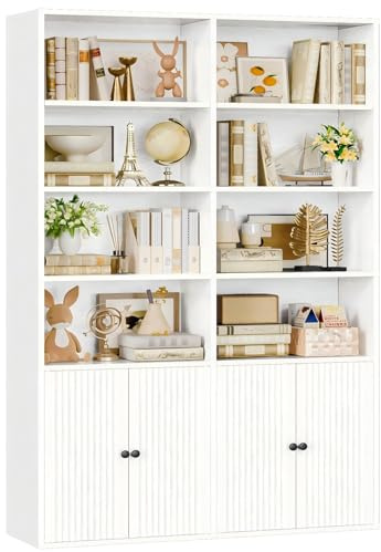 IRONCK Bookcase with Doors, 180cm Tall Bookshelf, 6 Tier Living Room Bookcases, 8 Open Compartments, Free Standing Display Shelf, Wooden Shelving Storage Unit for Home Office 108×30×180cm (White)