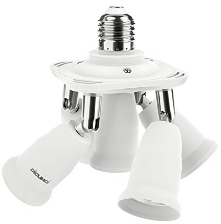 DiCUNO 5-in-1 E27 Sockel Splitter Adapter, 5-Fach Lampensockel Konverter, E27 Verteiler Fassung für LED Lampe, Glühbirne, Halogen, 360° drehbar und Winkellage 180° biegbar, 1er Pack