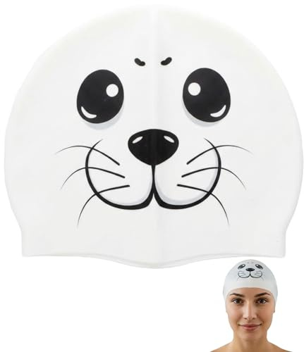 SWIMXWIN Cuffia Nuoto Silicone OttyArtLuxuria Foca Bianca Disegni Divertente Donna Bambina Capelli Ordinati Piscina Allenamento Competizione Aquagym Triatlon Pallanuoto Regalo Ipoallergenica