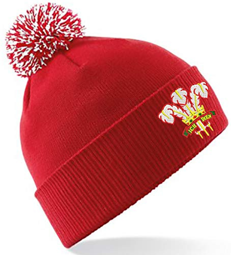 Broderad Wales retro pom pom mössa hatt, present, Rött/vitt, en storlek