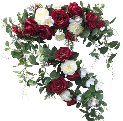 Wedding Arch Flowers,3Pcs Set White Rose Decorative Floral Swags, Artificial Greenery Eucalyptus Leaves Flower For Sheer Drapes, Wedding Chair, Arbor, Wedding Ceremony and Reception Arrangement