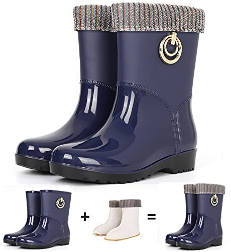 Hmpet Botas de Invierno para Mujer, Botas de Lluvia Gruesas, Forro Desmontable, Botas de Agua Impermeables, Botas de Goma Antideslizantes para Mujer,Azul,37