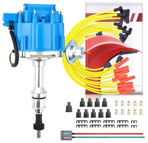 MAS HEI Ignition Distributor 65K Volt & Spark Plug Wire & Free Pigtail Wiring Harness Replacement for SBF Ford Small Block 260 289 302 1030213 PE330U（Blue Racing Kit