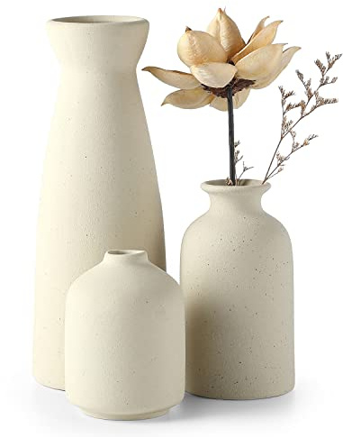 CEMABT Beige Ceramic vase Set-3 Small Flower vases for Decor,Modern Boho Farmhouse Home Decor,Decorative vase for Pampas Grass&Dried Flowers,idea Shelf,Table,Bookshelf ，Entryway- Distressed
