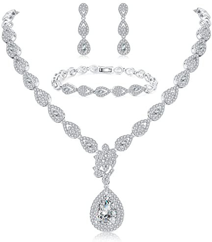 Deyanse Hochzeit Schmuckset, Träne Halskette & Ohrringe Hängend & Armband Set, Silber Braut Schmuckset mit AAAAA Weiß Zirkonia, Damen Schmuck Set mit Geschenkbox für Braut Liebhaber Frauen