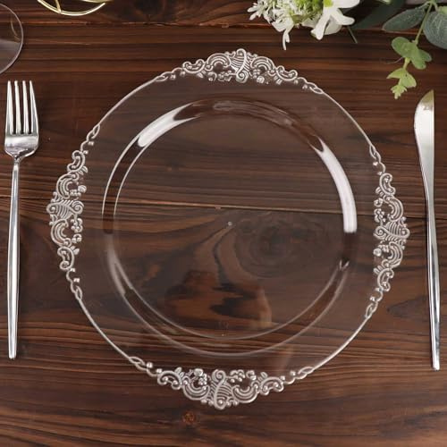 Efavormart 10 Pack | 10 Clear and Silver Baroque Dinner Plates, Leaf Embossed Metallic Rim Shatterproof Serving Plates for Anniversary Celebrations