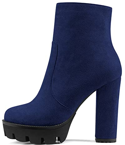 NobleOnly Femmes Bloc Chunky Haut High Plate-forme Talon Heel Rond Bout Bottines Fermeture à Glissière Party Classique Bottes Bleu Marin 38 EU