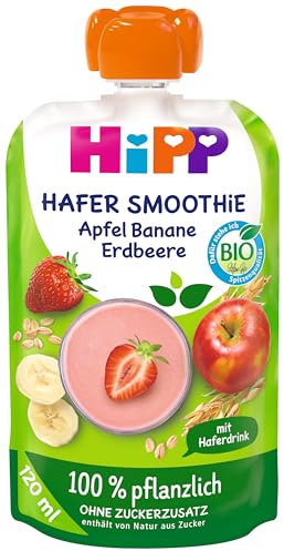 HiPP Bio Quetschie Hafer Smoothie Apfel Banane Erdbeere mit Haferdrink (6 x 120ml), ab 1 Jahr, 100% pflanzlich, ohne Zuckerzusatz, vegan, in bester Bio-Qualität