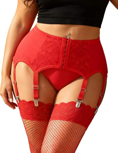 ohyeahlady Porte-Jarretelles Femme 6 Attaches Grande Taille 3XL-4XL,Rouge | Dentelle Maille Lèger,Taille Réglable,Jarretelles Elargies Antidérapante,Pour Bas,Clips,Sans String,Lingerie Ronde