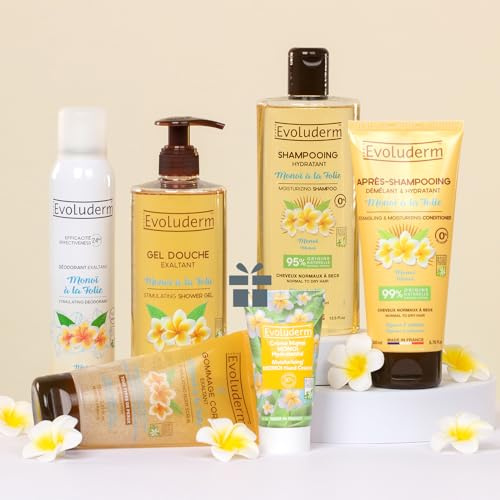 EVOLUDERM - Routine Hydratante 6 produits Corps & Cheveux + Gant Exfoliant Offert - Démêle & Sublime - Monoï à la Folie - Ingrédients d'Origine Naturelle - Végan - Fabrication Française