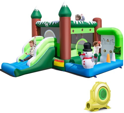 COSTWAY Castello Gonfiabile con Pupazzo di Neve, Gioco Gonfiabile per Bambini con Scivolo, Piscina di Palline, Basket, Gonfiabile con Pupazzo di Neve e Ventilatore da 735W, 380 x 340 x 245 cm