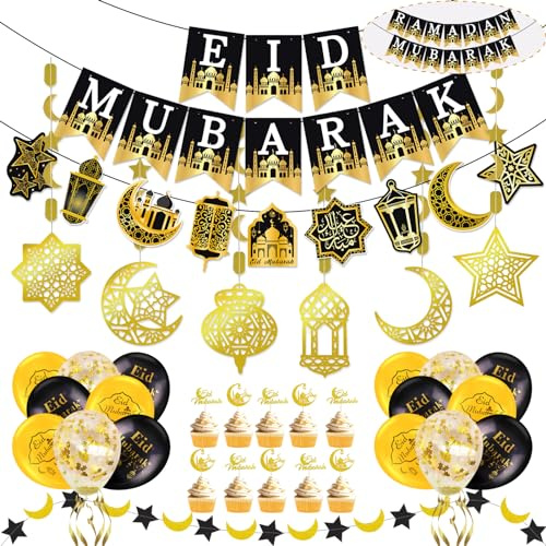 AhfuLife Eid Mubarak Decorations, Ramadan Decorations for Home - Preassembled Eid Mubarak Ramadan Banners, 6Pcs Islamic Star Moon Lantern Garland Streamer, 16Pcs Balloons, 10Pcs Cupcake Toppers