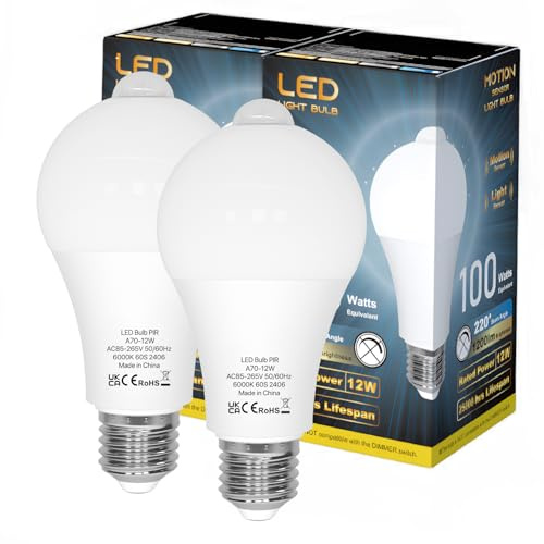 LUTW Rörelsesensor Glödlampa, 12W E27 Skruvglödlampa Kallvit 6000K, Motsvarar 100W Glödlampa, 1200LM Automatisk På/Av Inomhus Utomhus Säkerhet LED Glödlampa för Garage, Trappor, 2 Förpackningar