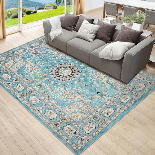 Betadistor Area Rugs - Living Room Rugs Traditional Rugs for Bedroom Large Area Rug Hallway Extra Large Size Short Pile Flat Weave Rug 4ft x 5.3ft, Teal, 301-02120
