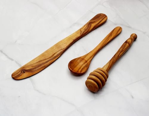 DAGDEG Lot de 3 sets de petit-déjeuner en bois d'olivier comprenant une cuillère à miel, une longueur d'environ 15 cm, un couteau à beurre de 20 cm de long et une cuillère à confiture. Longueur : env.