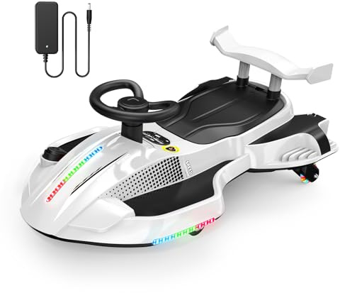 12V Electric Wiggle Car Ultra with Pedals, Rechargeable Swing & Drift Car, Anti-Rollover Design with Backrest, Spray, Flashing Lights, Music & Bluetooth, for Ages 3 and Up, 150 lbs(White + Black)