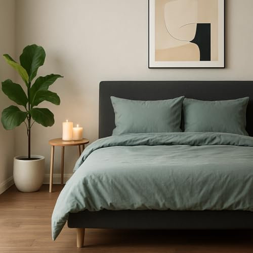 VEL VET HOME Bettwäsche 140x200 Baumwolle Salbei Grün Öko-Tex Made in EU 2-teilig Bettwäsche-Sets mit Reißverschluss 1x Bettbezug 140x200 cm + 1x Kissenbezug 80x80 cm