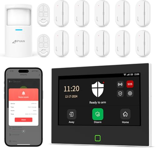 CPVAN Wireless Home Alarm Systems, GSM/WiFi Home Alarm with 7 Touch Screen Home Security Systems LCD Display with APP/SMS/Phone Call Alarm 14 Pieces Compatible with Alexa, NO Monthly Fees