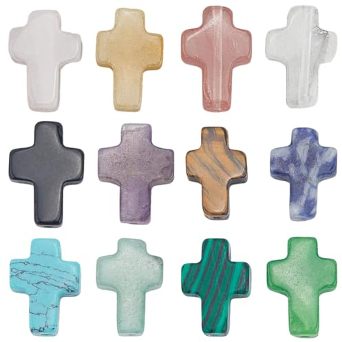 SUNNYCLUE 1 Caja de 24 Cuentas de Cruz de Pascua de 12 Colores, Espaciador de Crucifijo, Piedras Preciosas, Ojo de Tigre, Turquesa Sintética, Cruces Pequeñas, Rosario, Espaciador Suelto para Joyería,