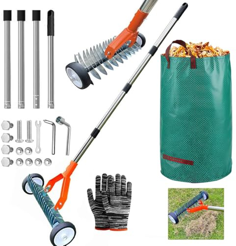 Escarificador Manual con Ruedas, Escarificador Cesped Manual con Mango de 165 cm Ajustable, con Bolsa para Residuos de Jardín, para Eliminar Hierba Muerta, Aflojar el Suelo