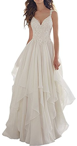 ANJURUISI Vestido de Novia de Playa con Cuello en V y Apliques de Tul y Gasa para Mujer Marfil-38