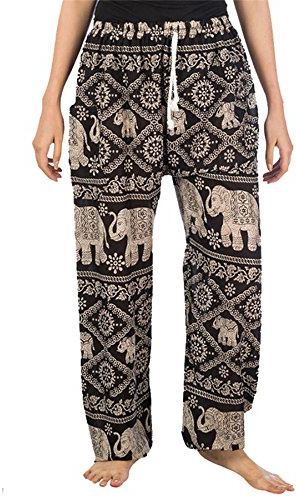 Lofbaz Women's Thai Elephants Drawstring Harem Boho Pants Noir XL