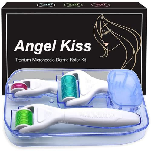 Derma Roller für Gesicht und Körper - Angel Kiss 4 in 1 Titan Microneedling Roller Kit Mikronadel Micro Needle, 300/720 Nadeln 0,25 mm, 1200 Nadeln 0,3 mm