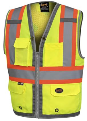 Pioneer Safety Vest for Men – Hi Vis Reflective Neon, Cool Mesh Back Panel, 12 Pockets, Zipper for Surveyor Work – Orange, Yellow/Green