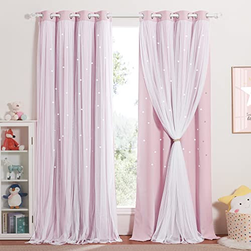 NICETOWN Blackout Curtains for Bedroom - Stars Cut Out Curtains for Kids Nursery Girls Living Room Thermal Curtains Drapery with Eyelet for Windows, 2 Panels, W52 x L84 Inch (132x213 cm), Pink