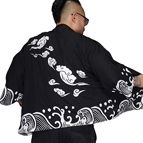 G-LIKE Herren Sommer Kimono Cardigan – Traditionelle Japanische Kleidung Haori Kostüm Taoistische Robe Langarm Jacke Chinesischer Stil Umhang Nachthemd Bademantel Nachtwäsche für Männer (Wolken)