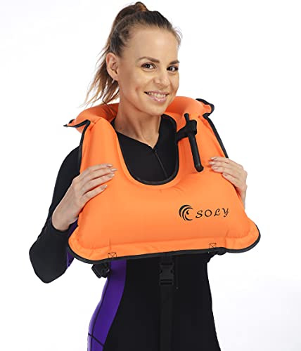 SOLY Inflatable Snorkel Vest Kid, Snorkeling Vest Adjustable Light Snorkeling Jackets for Diving Low Impact Water Sports Safety for for Children 20-60 lbs(Orange Kid)