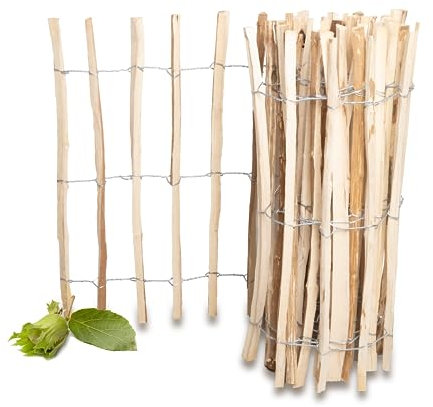 PINEEA Valla de estacas de 60 cm de alto – Valla de madera de avellana – Valla de jardín resistente a la intemperie 5 m de largo – Valla de castaña para decoración y protección de plantas – Distancia