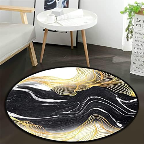 Marmor-Muster, runder Teppich, Schwarz, Gold, strukturierte Fußmatte, rutschfeste Bodenmatte, runde Fläche, Teppich für Schlafzimmer, Wohnzimmer, Arbeitszimmer, Spielteppich, 91 cm Durchmesser