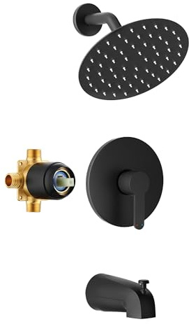 HoliSpa Tub Shower Faucet, Matte Black Shower Faucet Set with 8-Inch All-Metal Rainfall Showerhead and Bathtub Spout, Single-Handle Tub Shower-Trim Kit Included Valve, Matte Black