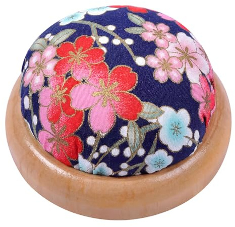 Base de madera azul pin cojín con estampado floral aguja de aguja estilo japonés, soporte redondo para agujas de coser para acolchar, costura, manualidades