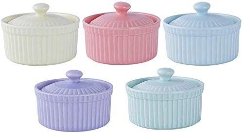 Moldes de porcelana para hornear, mini cazuela con tapa, fuente para hornear, juego de tazones de pudín de 5, tazón de postre, 5 piezas