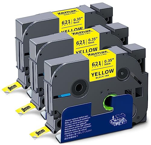 3x XemaX Kompatibel Schriftband Ersatz für Brother P-touch TZe-621 TZ-621 TZc-621 Etikettenband 9mm 0,35'' Tape Cassette für PT-1000 1010 E110 H100 H100LB H100R H105 H110 P300BT D400, Schwarz Auf Gelb