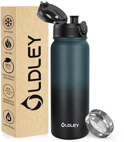 OLDLEY 600ml/20oz Edelstahl-Wasserflasche, Doppelwandige Vakuumflasche, Hält Getränke Heiß und Kalt, Auslaufsicher, BPA-frei, Metallisolierte Wasserflasche für Sport, Arbeit, Outdoor, Wandern
