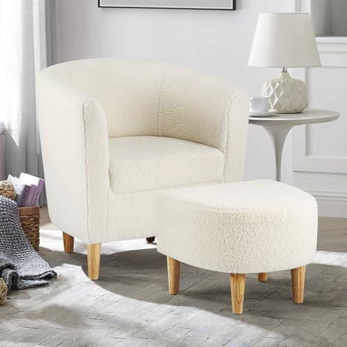 LEUTED Sessel mit Hocker, Wohnzimmer-Sessel Weiß, Lesesessel aus Teddy-Stoff, Bequemer Ohrensessel, Fernsehsessel, Relaxsessel, Cocktailsessel, Clubsessel für Büro, Wohnung, Schlafzimmer