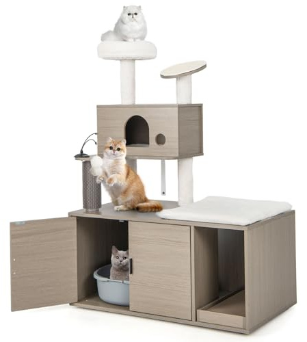 GOPLUS Arbre a Chat XXL avec Meuble Litiere Chat, Hauteur 132 CM, 1 Condo, Griffoirs, Gratter en Sisal, Balles Suspendues, Grand Plate-Frome, Arbre à Chats avec Toilette pour Chats, Gris, Intérieur