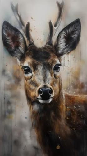 adrium Holz-Bild 30 x 50 cm: Porträt eines Hirsches mit Geweih, digitale Malerei auf Leinwand (207517732)