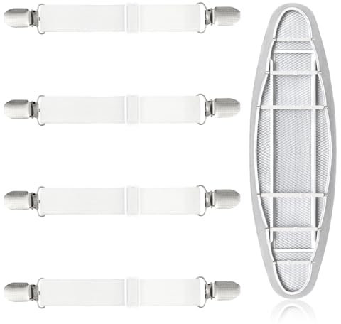 Mabor 4Pcs Adjustable Bed Sofa Sheet Fasteners Suspenders Elastic Sheet Band Straps Clips Cover Grippers Suspenders Clips Holder Ironing Board for Mattress Pad Cover Sofa Cushion White